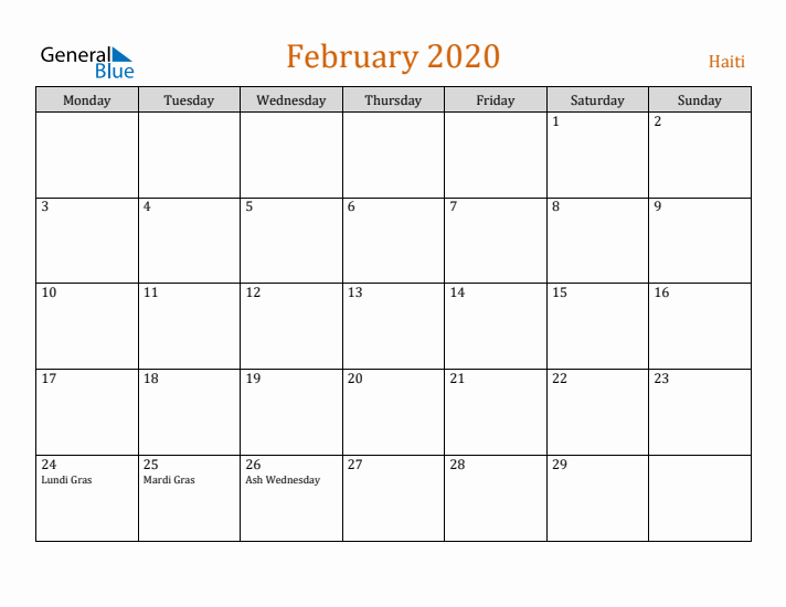 February 2020 Holiday Calendar with Monday Start