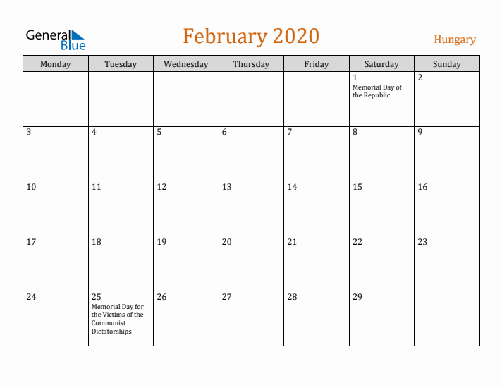 February 2020 Holiday Calendar with Monday Start