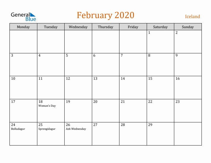 February 2020 Holiday Calendar with Monday Start