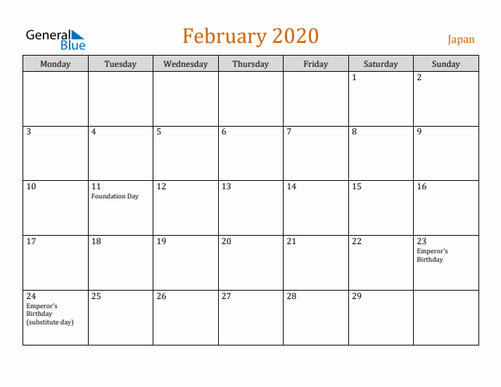 February 2020 Holiday Calendar with Monday Start