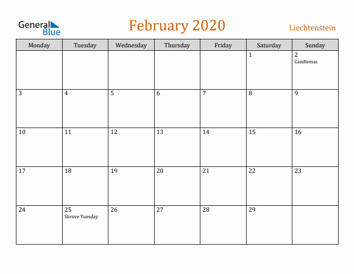 February 2020 Holiday Calendar with Monday Start