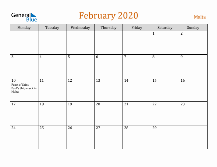 February 2020 Holiday Calendar with Monday Start