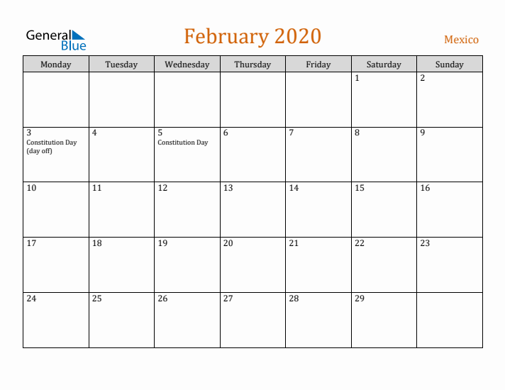 February 2020 Holiday Calendar with Monday Start