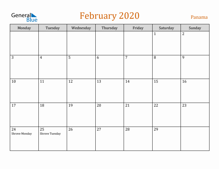 February 2020 Holiday Calendar with Monday Start