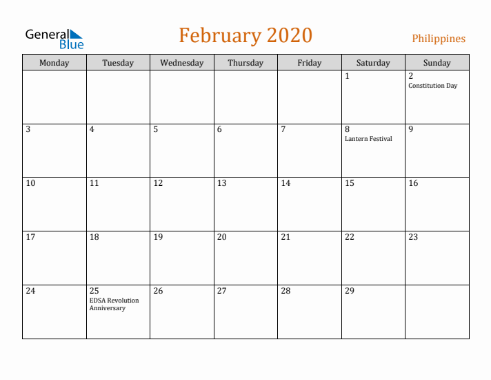 February 2020 Holiday Calendar with Monday Start