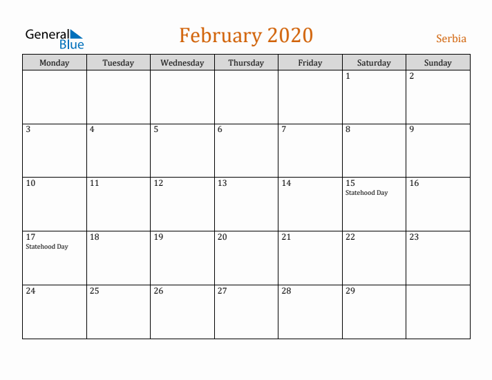 February 2020 Holiday Calendar with Monday Start