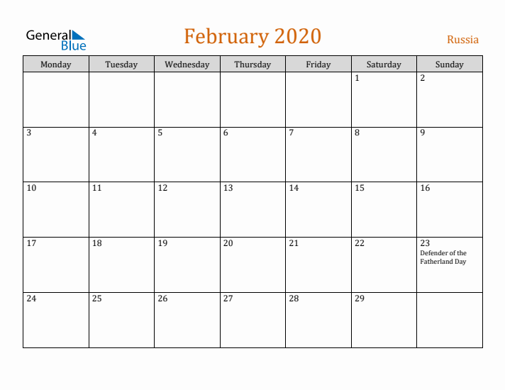 February 2020 Holiday Calendar with Monday Start