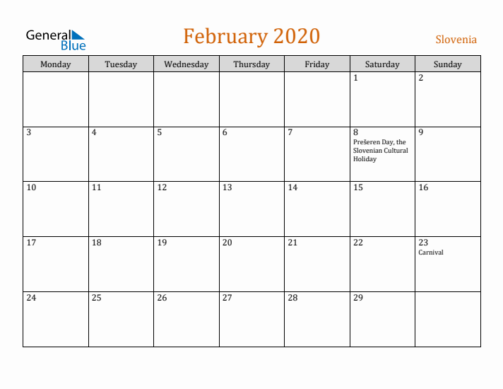 February 2020 Holiday Calendar with Monday Start