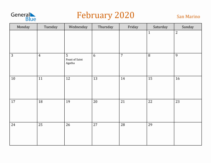 February 2020 Holiday Calendar with Monday Start