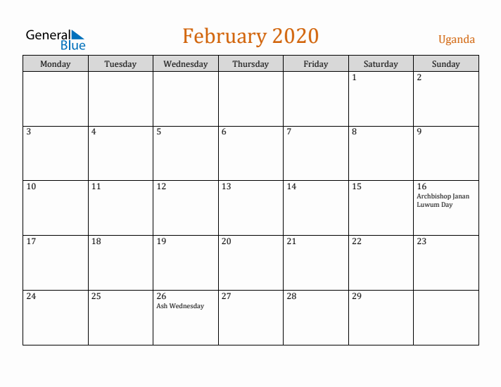 February 2020 Holiday Calendar with Monday Start