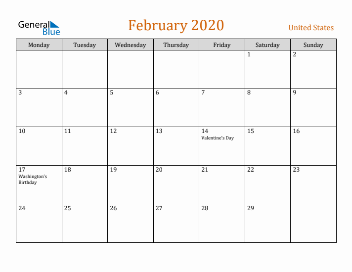 February 2020 Holiday Calendar with Monday Start