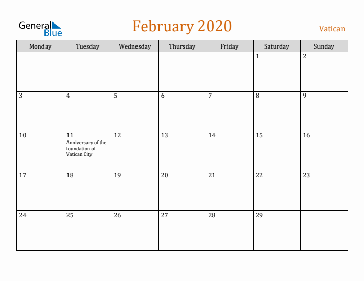 February 2020 Holiday Calendar with Monday Start