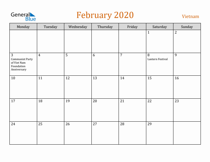 February 2020 Holiday Calendar with Monday Start