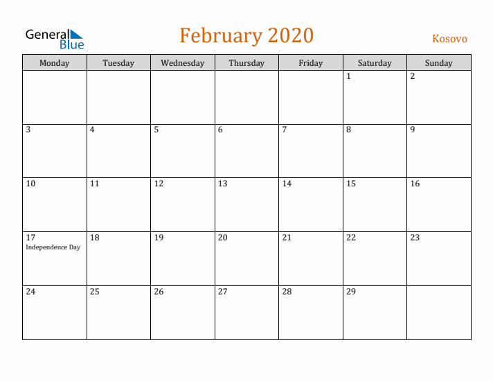 February 2020 Holiday Calendar with Monday Start