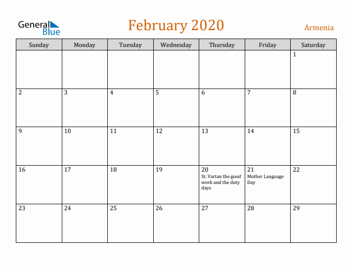 February 2020 Holiday Calendar with Sunday Start