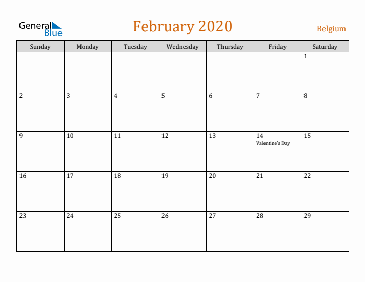 February 2020 Holiday Calendar with Sunday Start