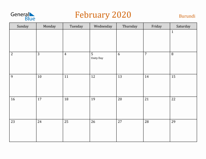 February 2020 Holiday Calendar with Sunday Start