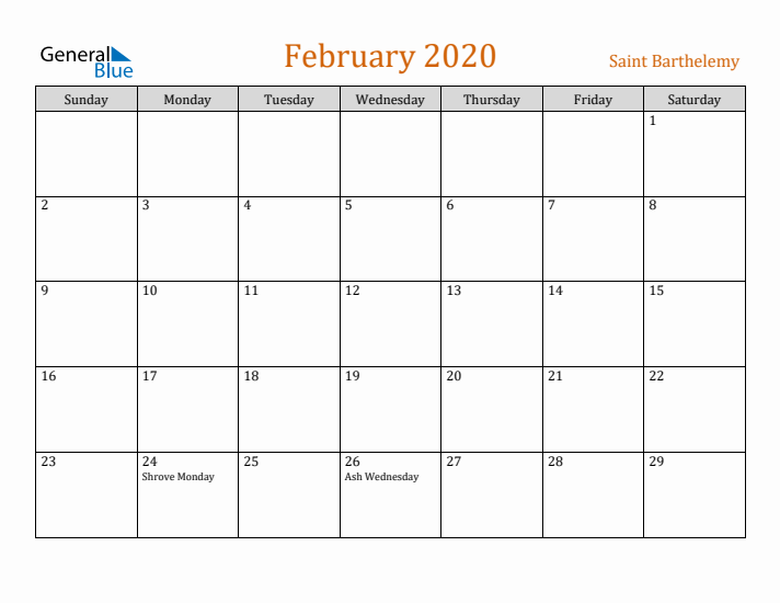 February 2020 Holiday Calendar with Sunday Start