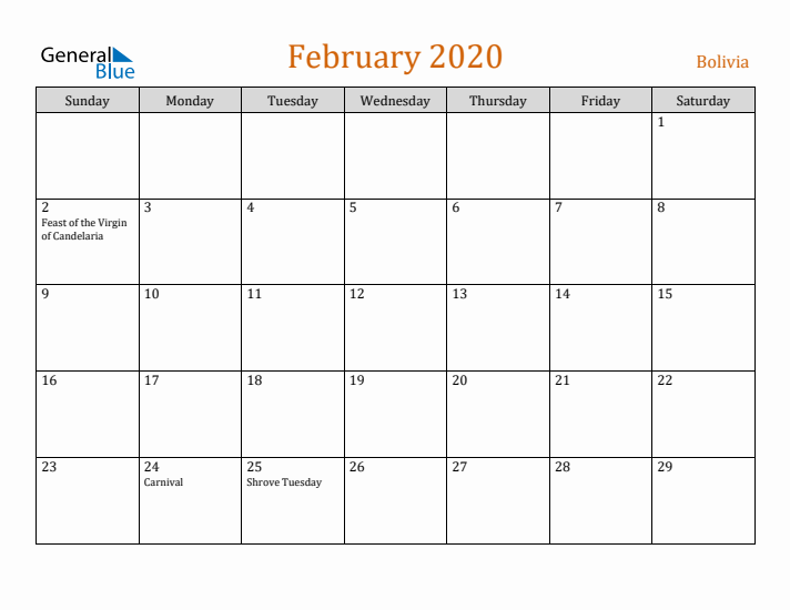 February 2020 Holiday Calendar with Sunday Start