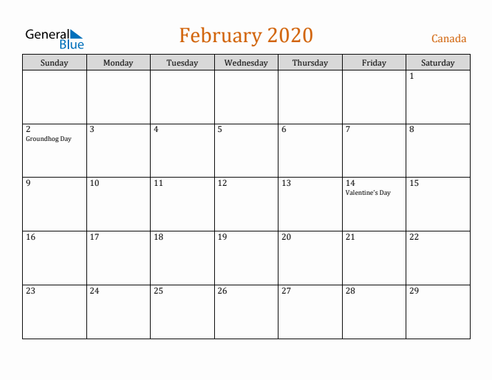 February 2020 Holiday Calendar with Sunday Start