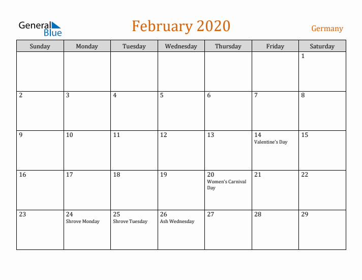 February 2020 Holiday Calendar with Sunday Start