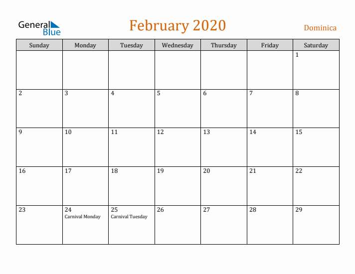 February 2020 Holiday Calendar with Sunday Start