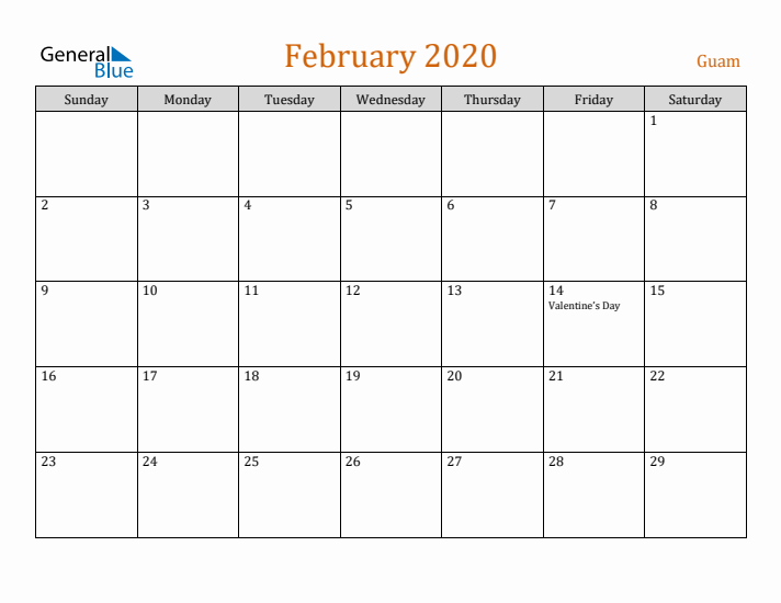 February 2020 Holiday Calendar with Sunday Start