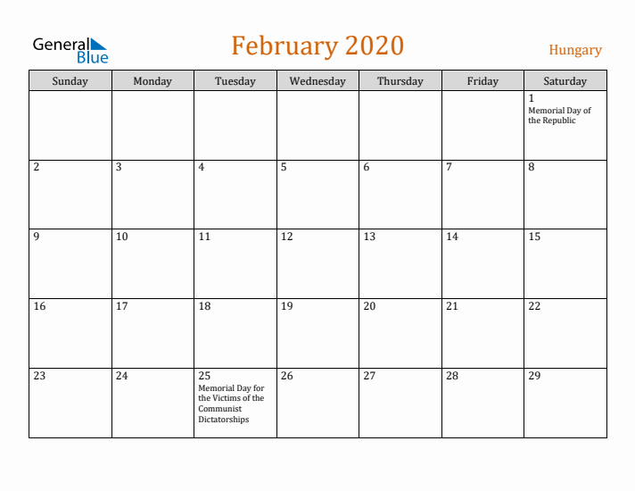 February 2020 Holiday Calendar with Sunday Start