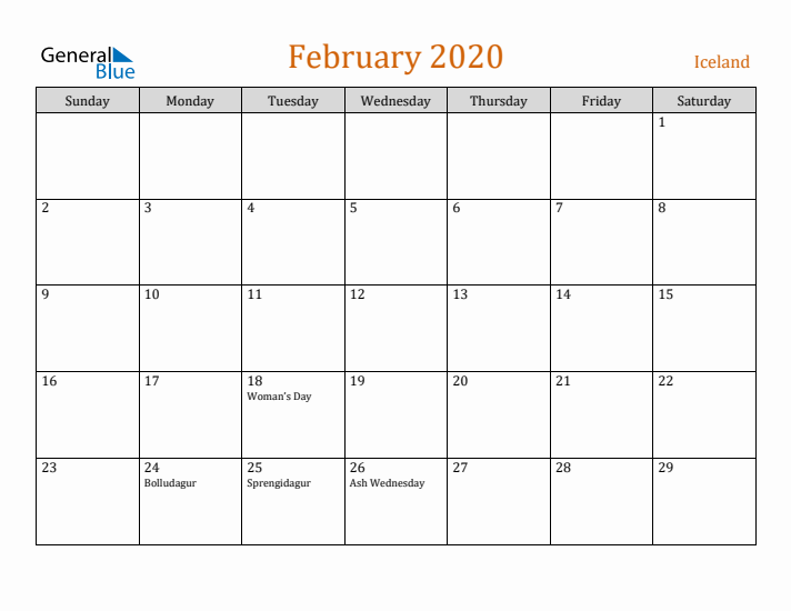 February 2020 Holiday Calendar with Sunday Start