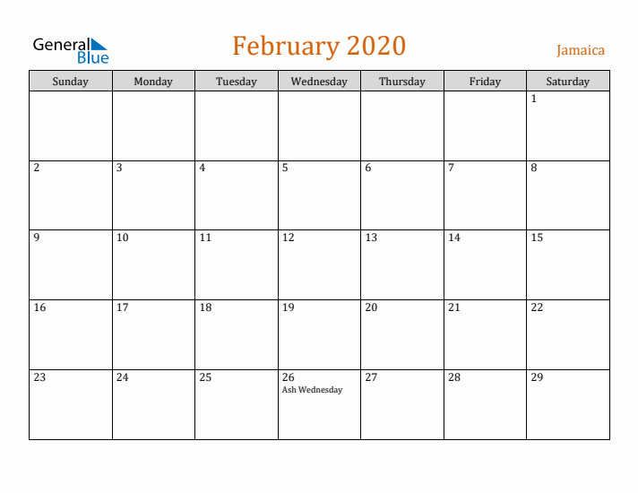 February 2020 Holiday Calendar with Sunday Start