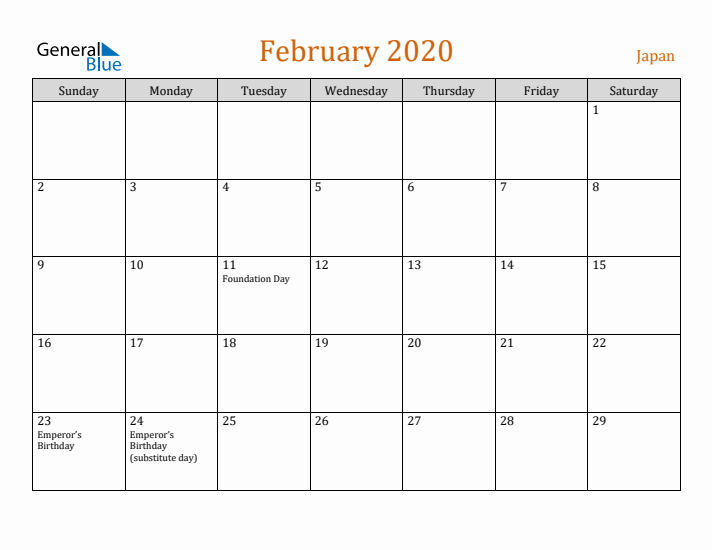 February 2020 Holiday Calendar with Sunday Start