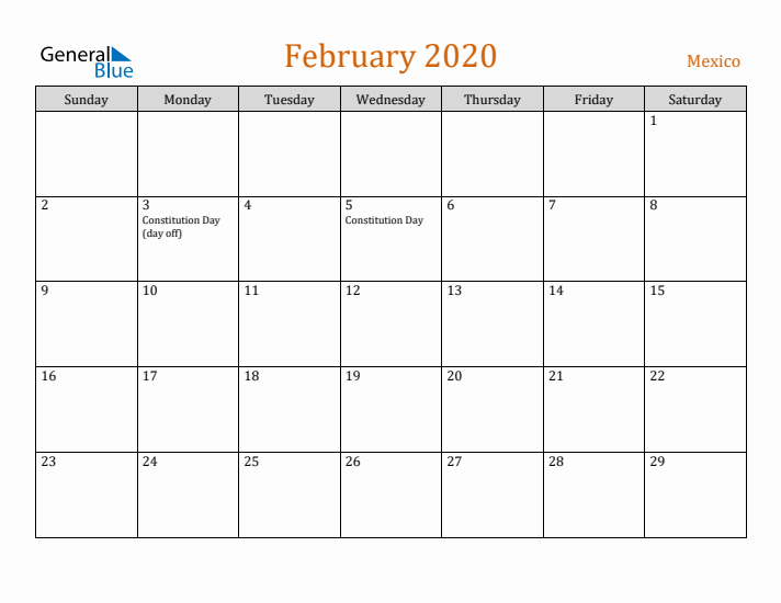 February 2020 Holiday Calendar with Sunday Start