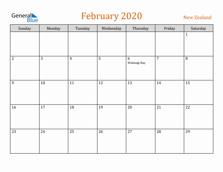 February 2020 Holiday Calendar with Sunday Start