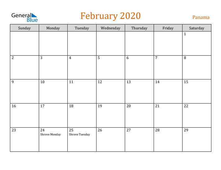 February 2020 Holiday Calendar with Sunday Start