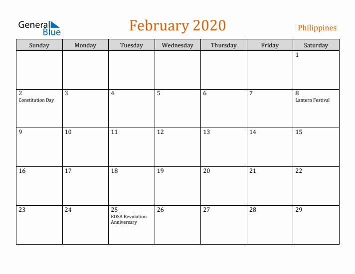 February 2020 Holiday Calendar with Sunday Start