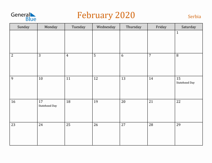 February 2020 Holiday Calendar with Sunday Start