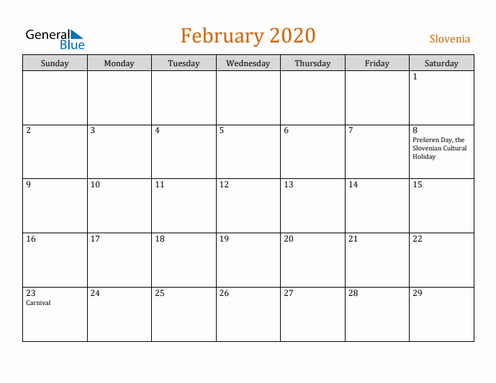 February 2020 Holiday Calendar with Sunday Start