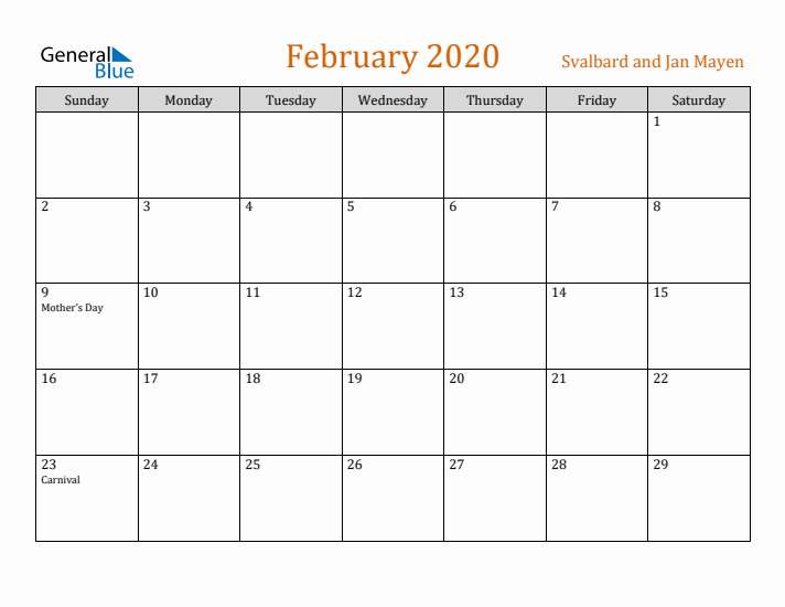 February 2020 Holiday Calendar with Sunday Start