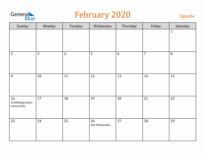 February 2020 Holiday Calendar with Sunday Start