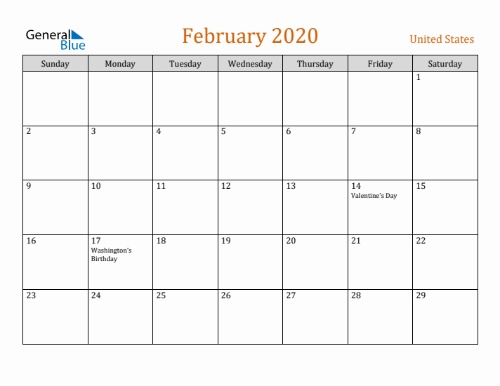 February 2020 Holiday Calendar with Sunday Start