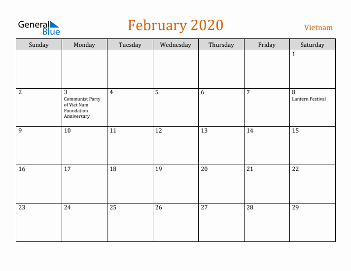 February 2020 Holiday Calendar with Sunday Start