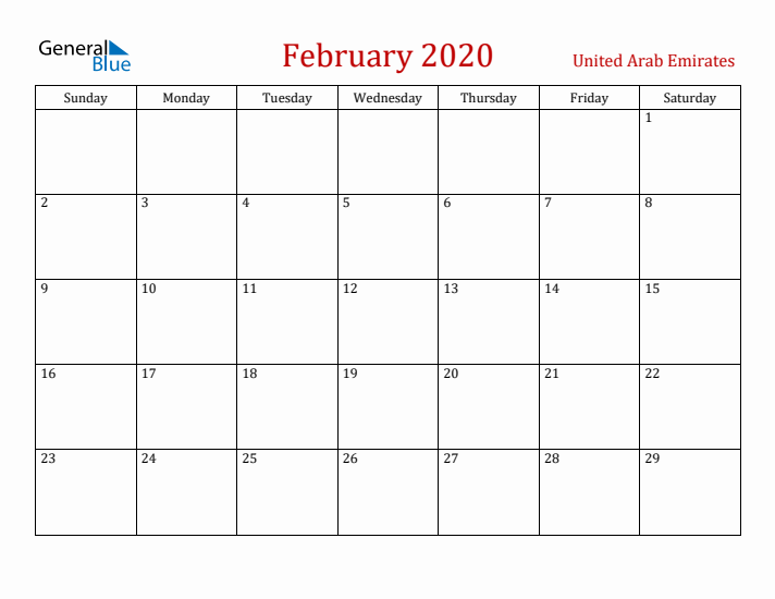 United Arab Emirates February 2020 Calendar - Sunday Start