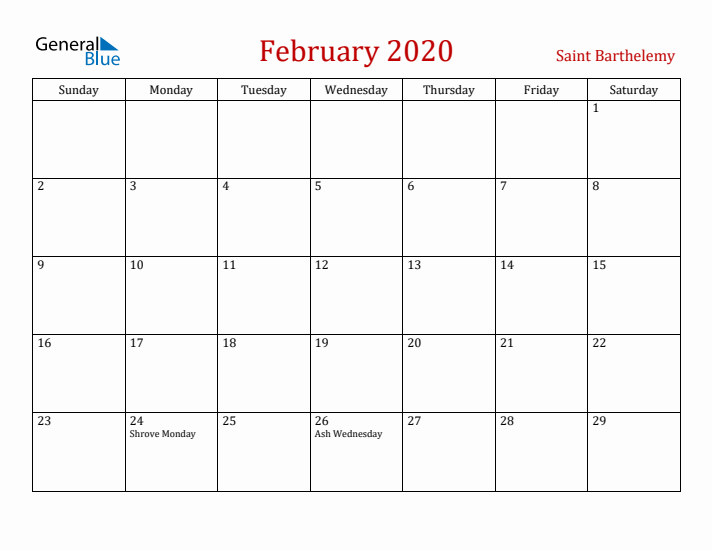 Saint Barthelemy February 2020 Calendar - Sunday Start