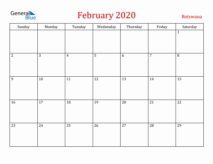 Botswana February 2020 Calendar - Sunday Start