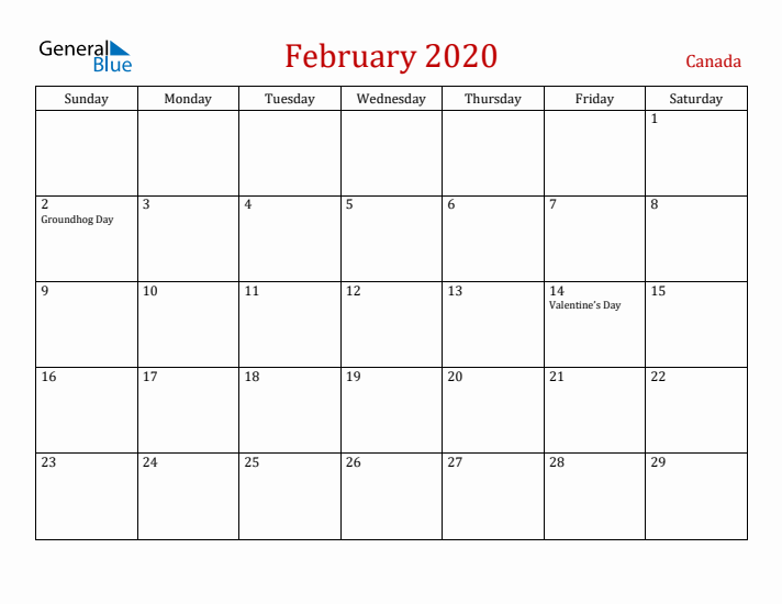 Canada February 2020 Calendar - Sunday Start