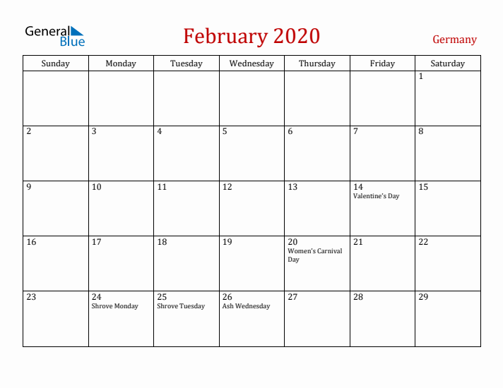 Germany February 2020 Calendar - Sunday Start