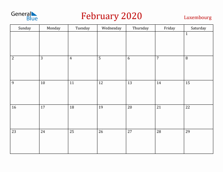 Luxembourg February 2020 Calendar - Sunday Start