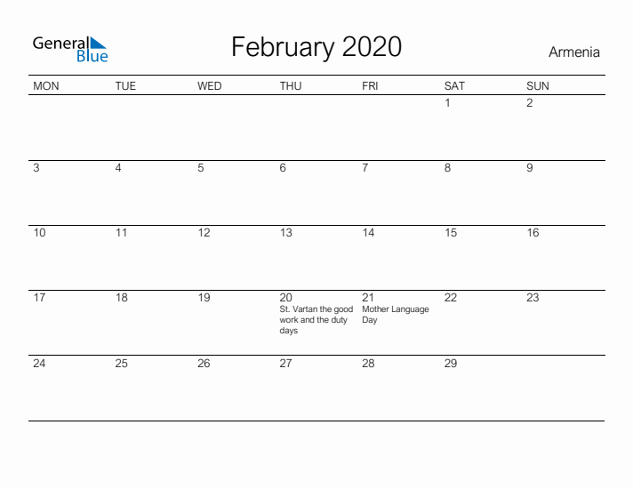 Printable February 2020 Calendar for Armenia