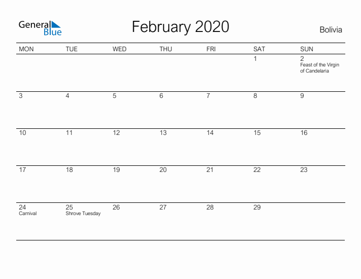 Printable February 2020 Calendar for Bolivia