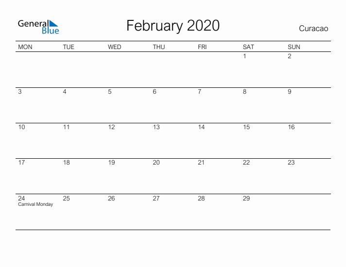 Printable February 2020 Calendar for Curacao